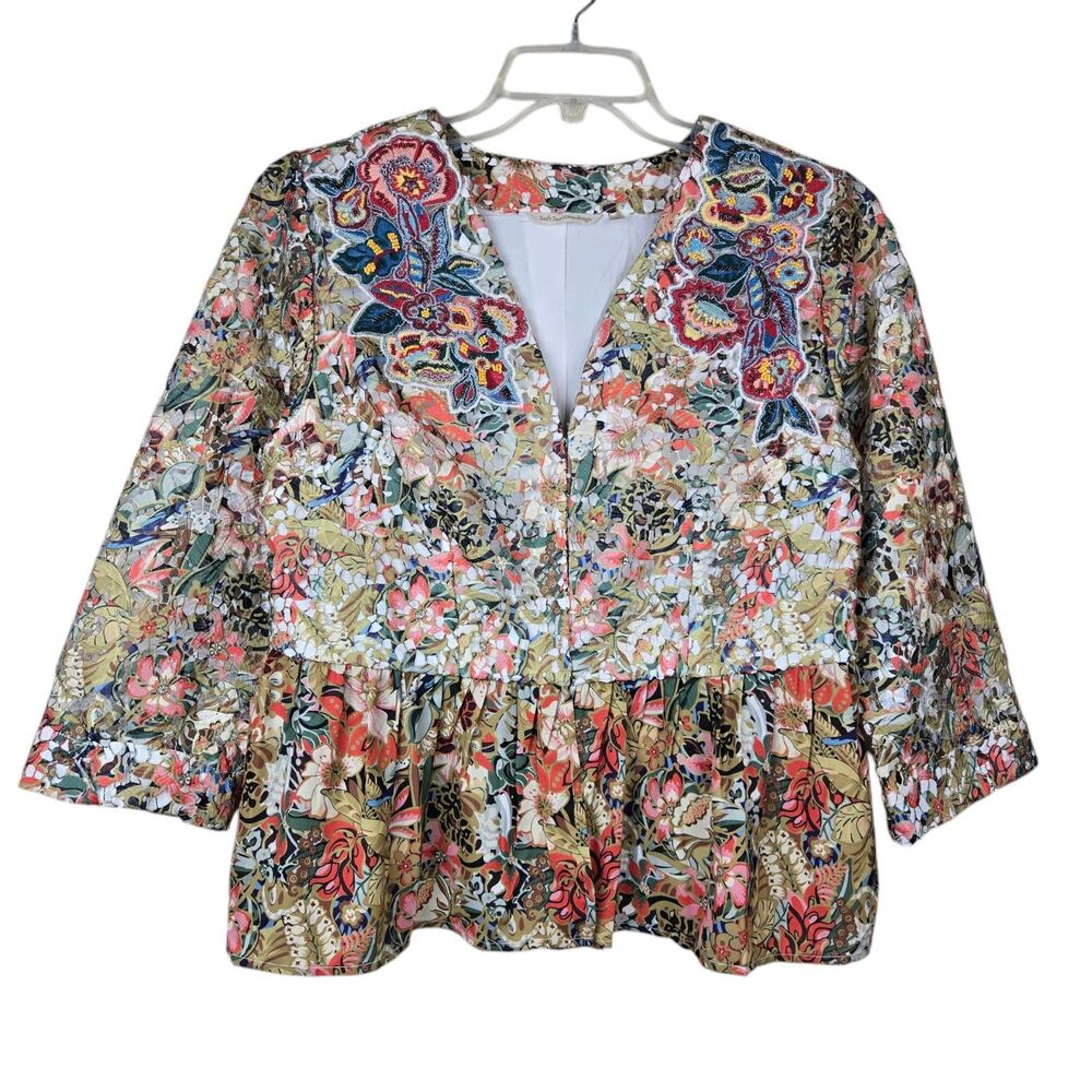 Soft Surroundings Ariege Floral Beaded Embroidered Lace Jacket M Peplum Colorful